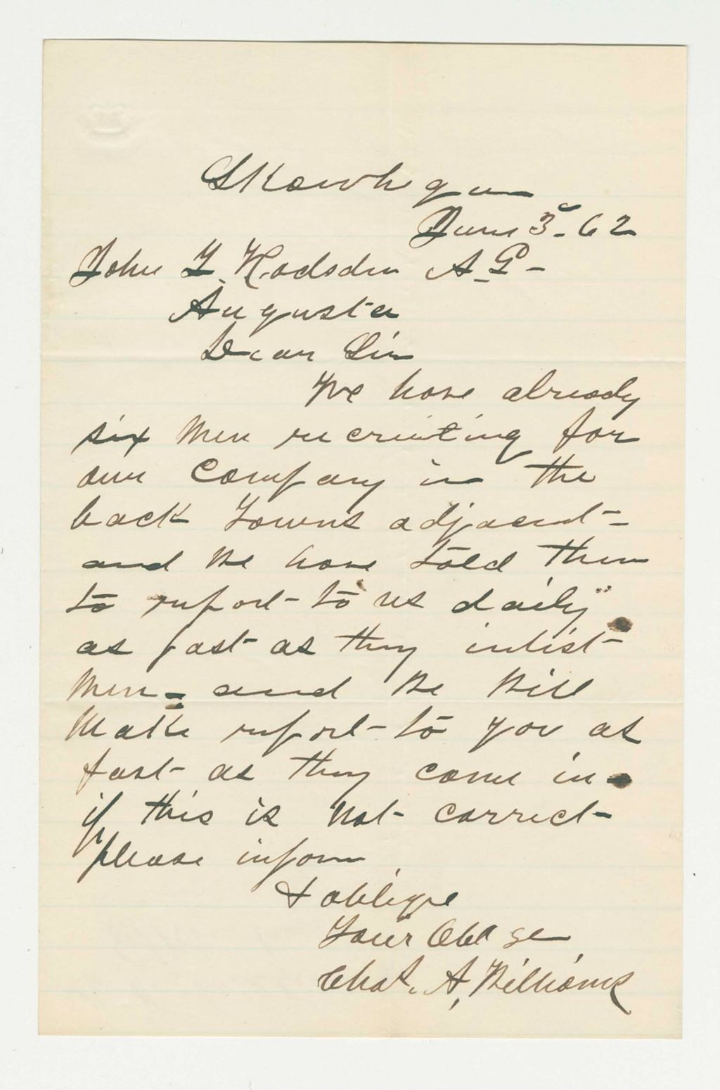 Miniature of Charles A. Williams writes General Hodsdon regarding recruitments