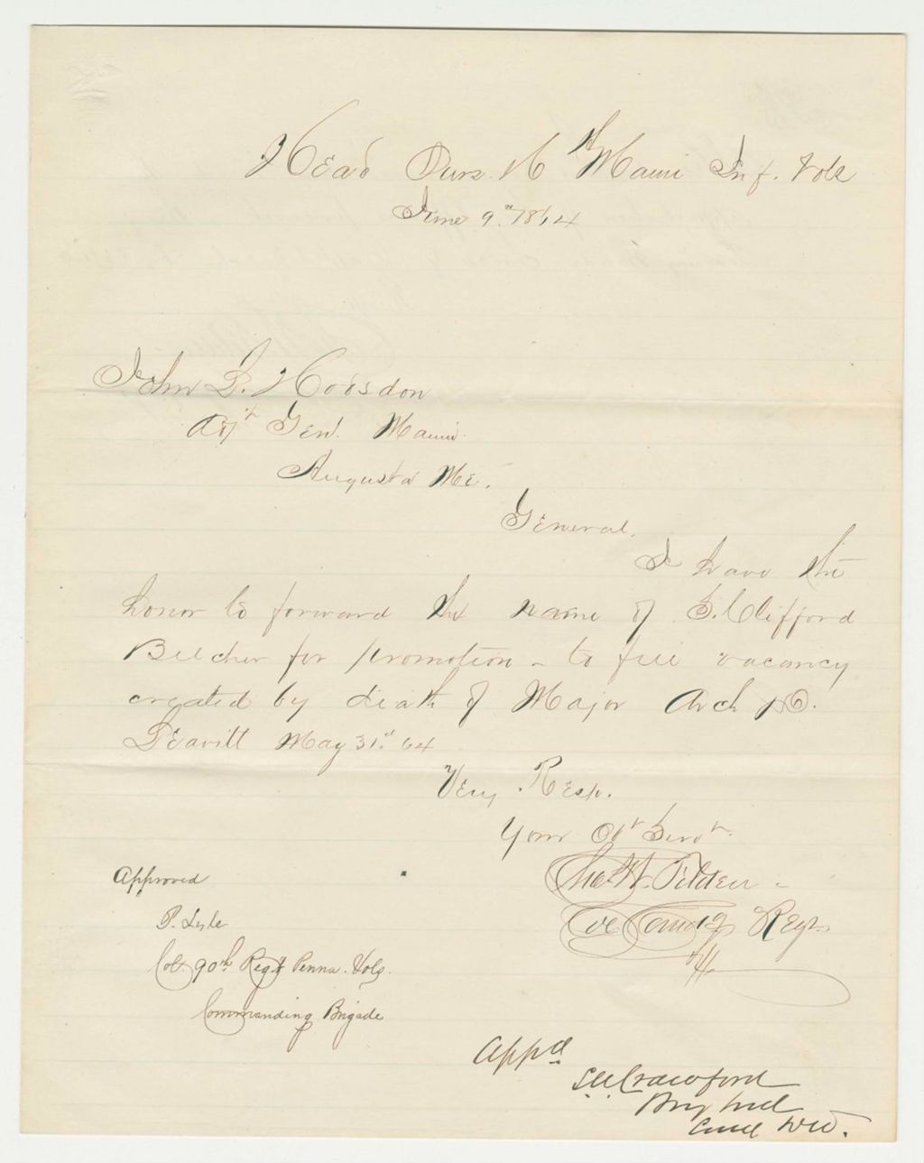 Miniature of Colonel Tilden recommends S. Clifford Belcher for promotion