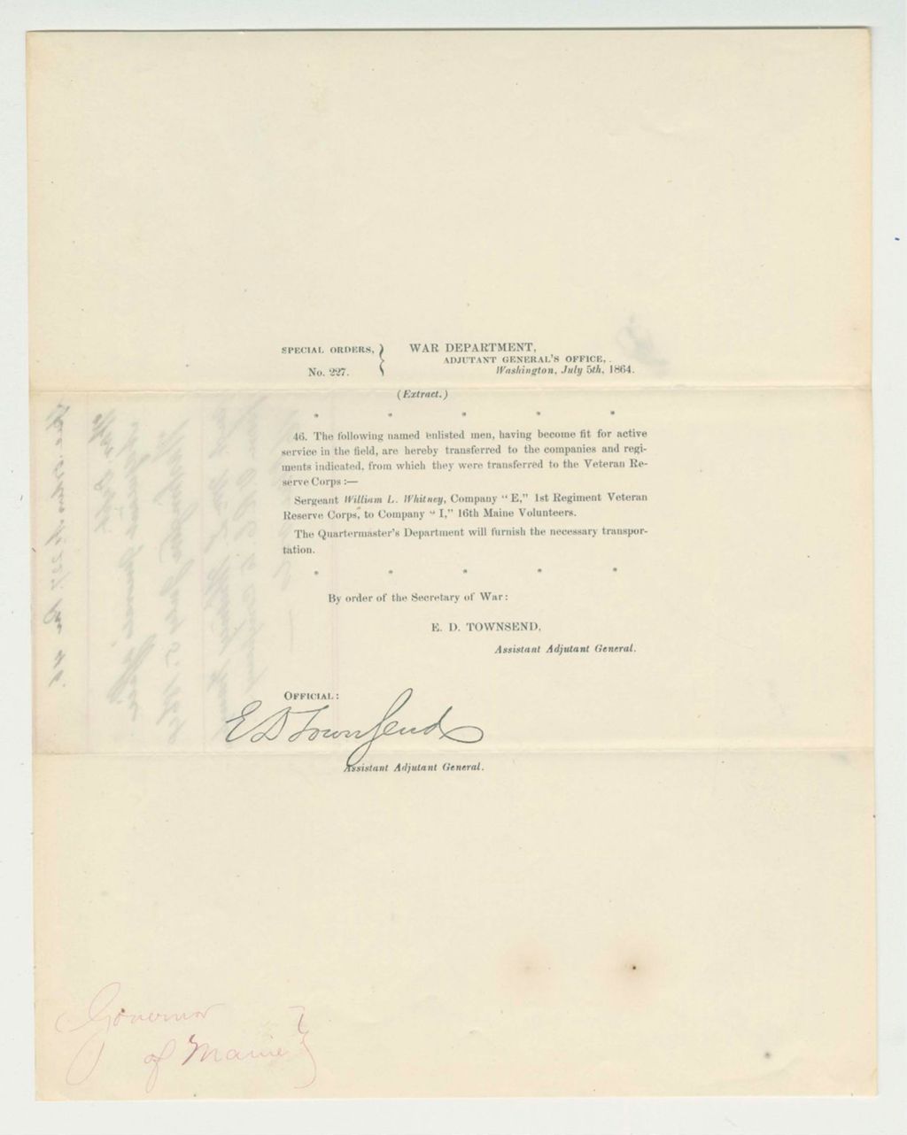 Miniature of Special Order 227 transferring Sergeant William Whitney from Veterans Reserve Corps to Company I