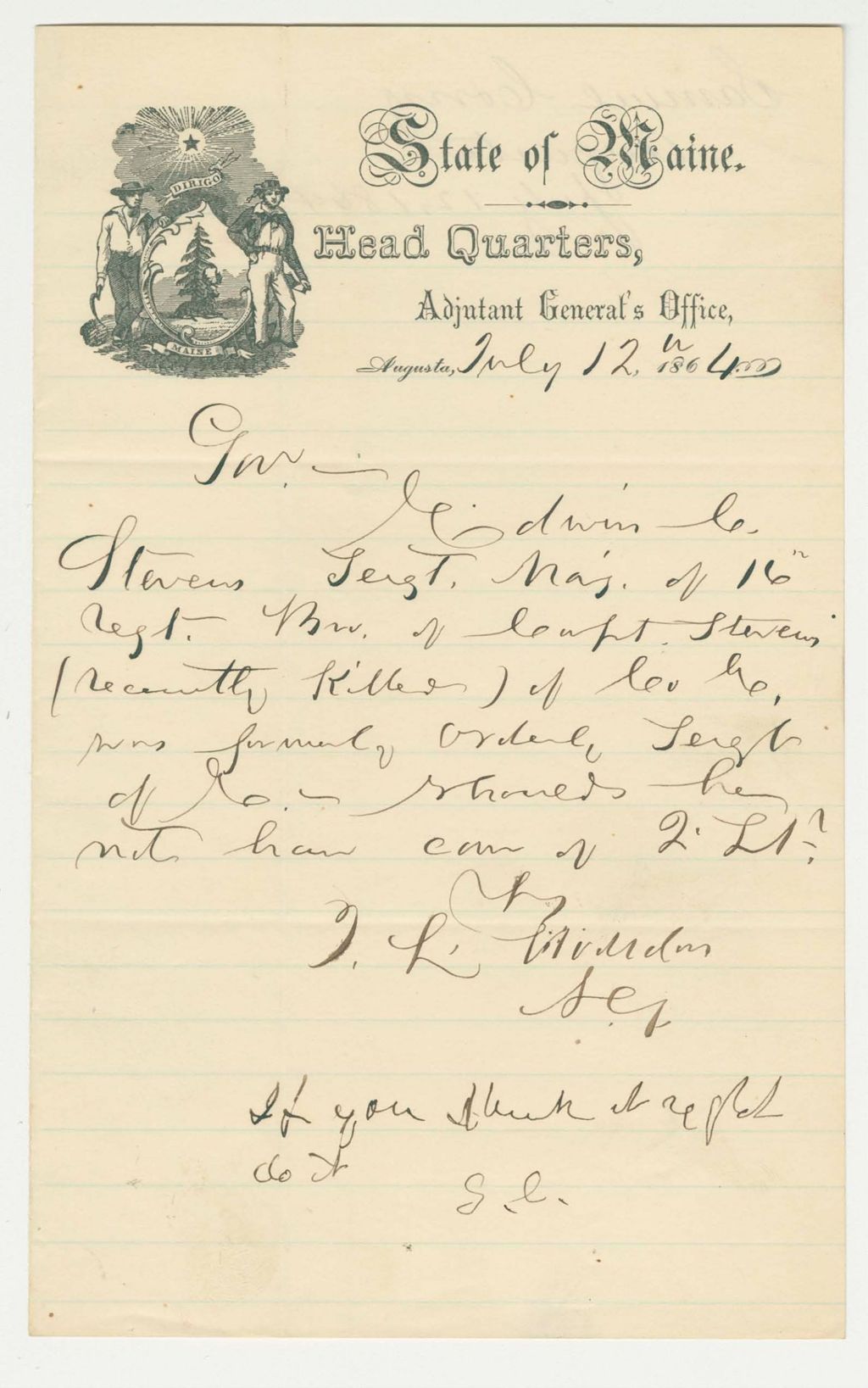 Miniature of Adjutant General Hodsdon writes Governor Cony regarding Edwin C. Stevens