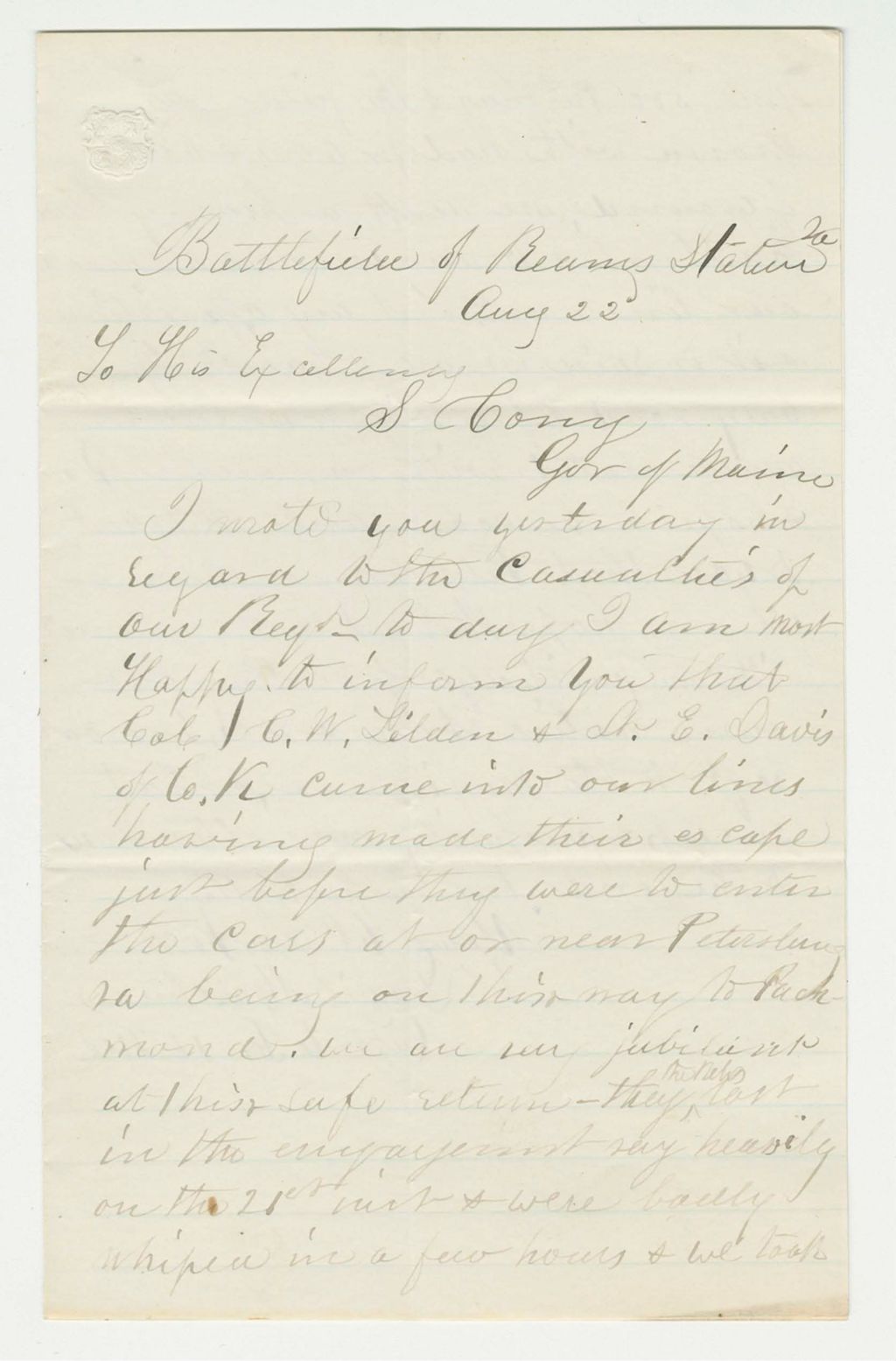 Miniature of Captain Daniel Marston reports that Colonel Tilden and Lt. Davis escaped and have returned to the regiment