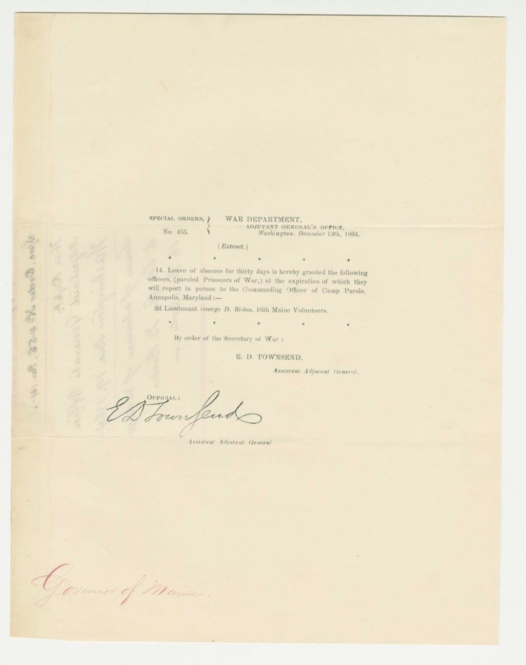 Miniature of Special Order 455 granting a leave of absence to Lieutenant George D. Bisbee