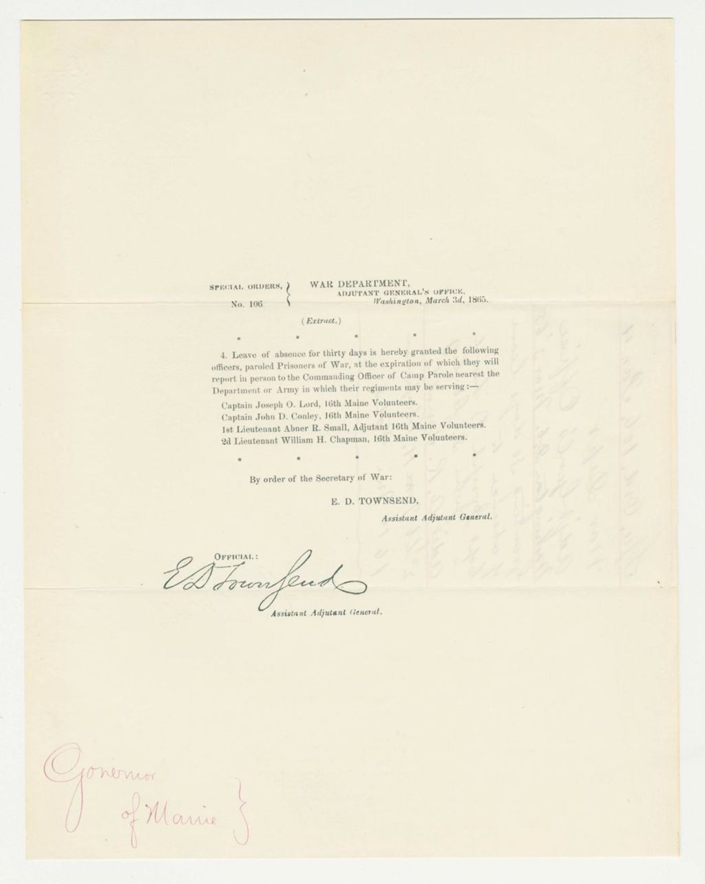 Miniature of Special Order 106 granting leave of absence to paroled prisoners of war