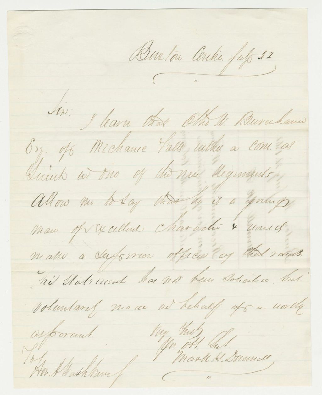 Miniature of Mark H. Dunnell recommends Otho W. Burnham for appointment as lieutenant