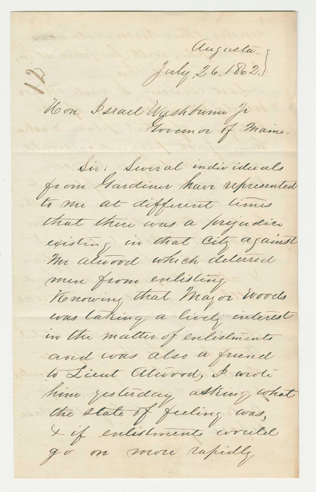 Miniature of Captain Charles Hutchins writes Governor Washburn regarding Lieutenant Atwood's case