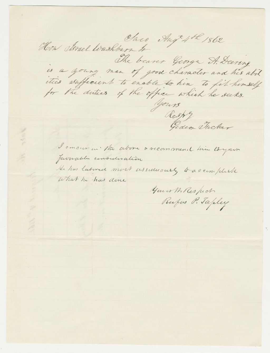Miniature of Gideon Tucker and Rufus P. Tapley recommend George A. Deering for a position