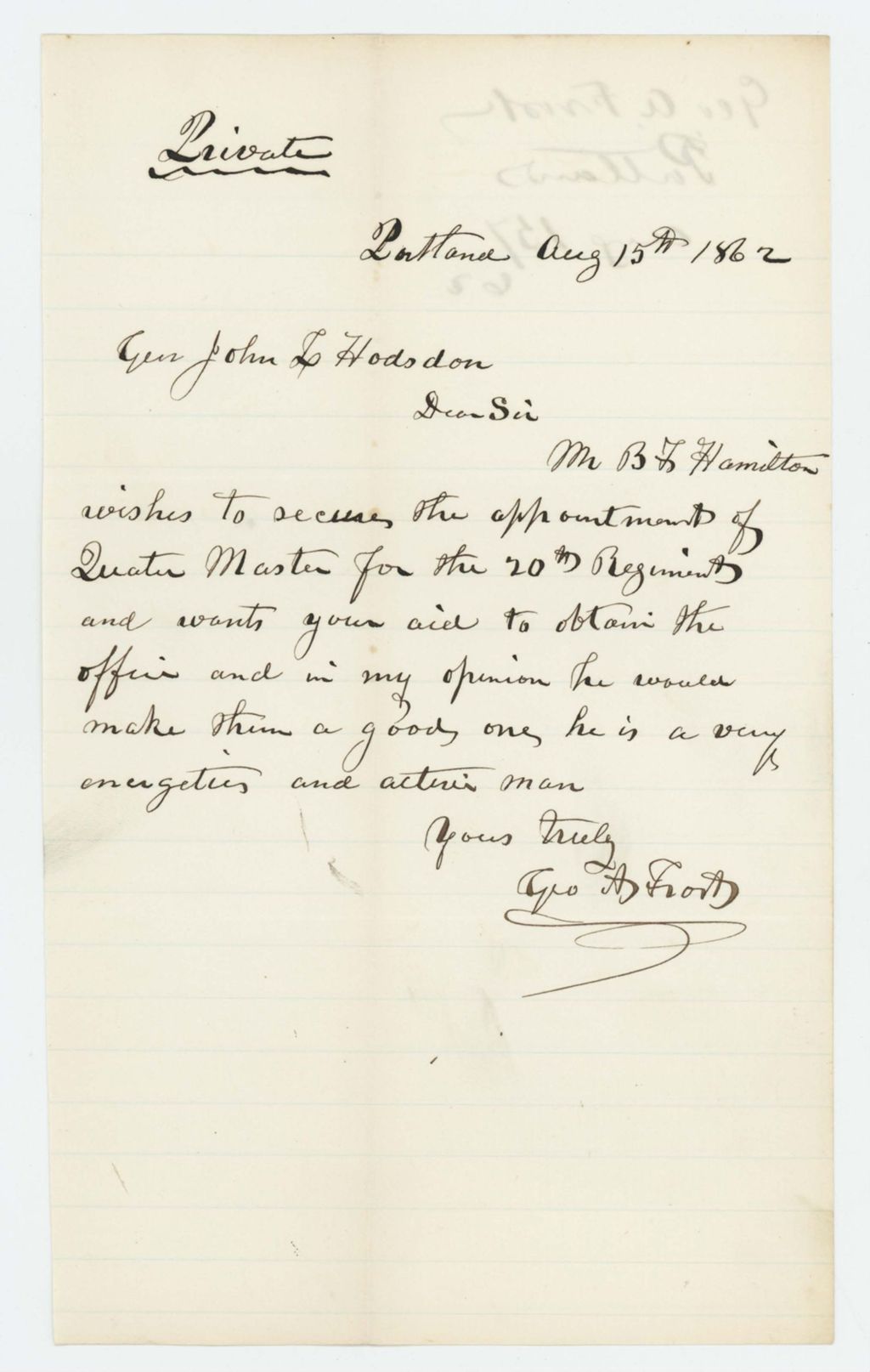 Miniature of George A. Frost recommends B.F. Hamilton for Quartermaster