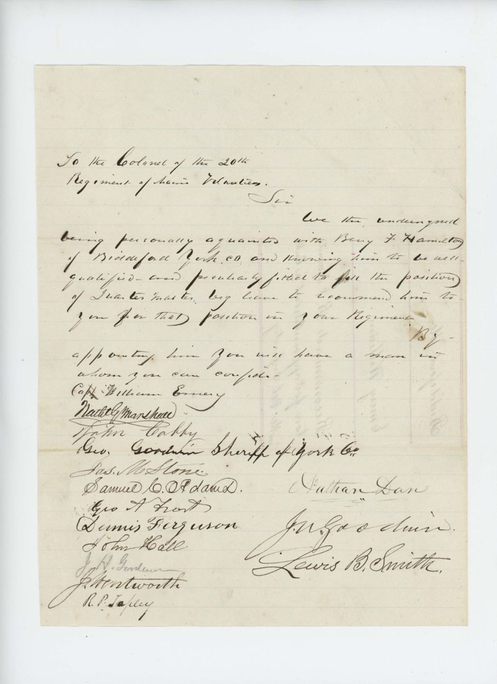 Miniature of Undated - William Emery recommends B.F. Hamilton for appointment as Quartermaster