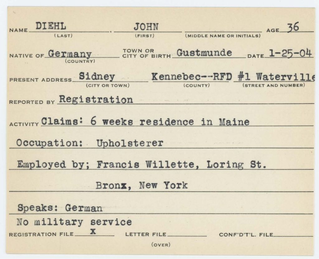 Miniature of Alien Registration Card- Diehl, John W. (Sidney, Kennebec County)