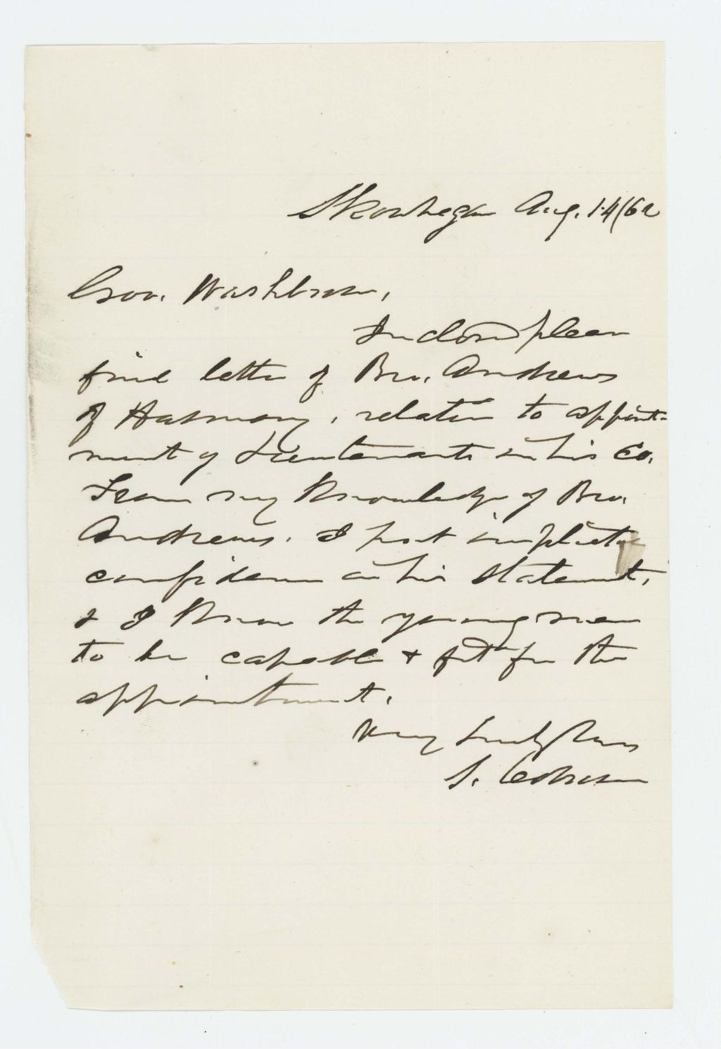 Miniature of Letter recommending Mr. Andrews as lieutenant