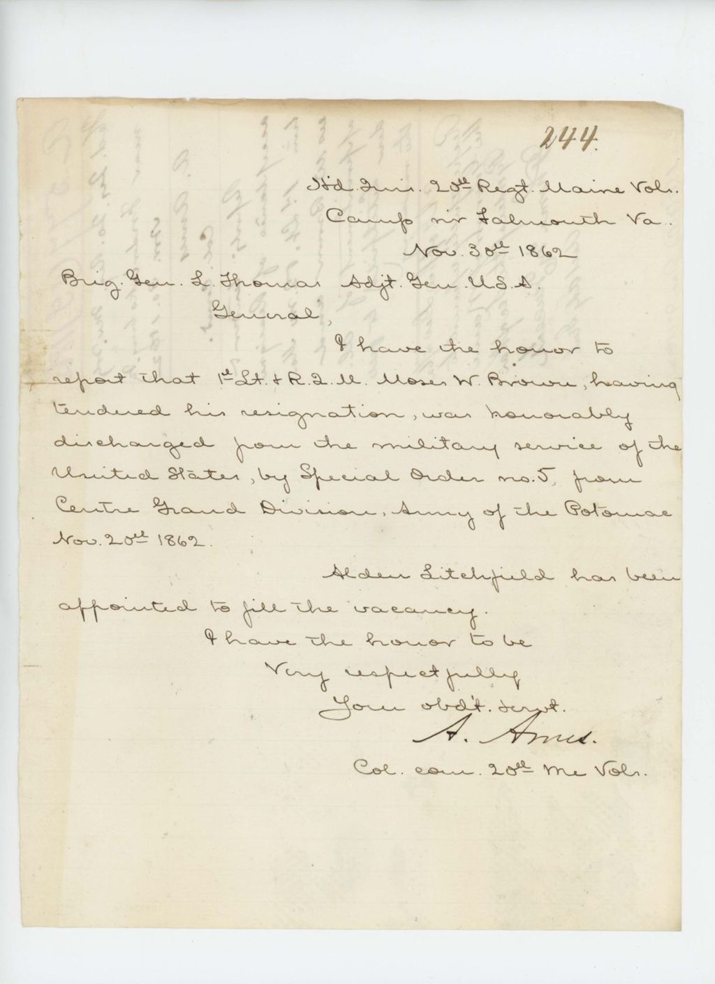 Miniature of Colonel Ames writes to Brigadier General L. Thomas regarding promotion of Alden Litchfield