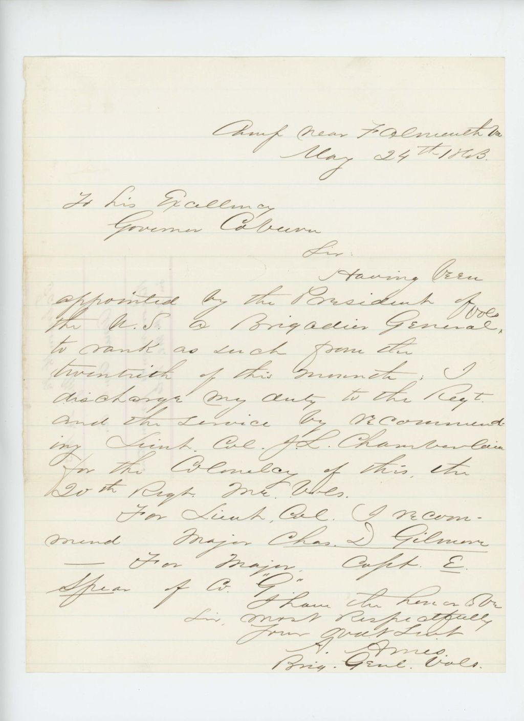 Miniature of Colonel Ames announces his promotion to US Brigadier General and recommends Chamberlain, Gilmore, and Spear for promotion