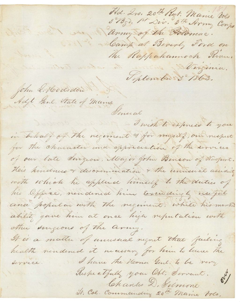 Miniature of Charles Gilmore to Adjutant General Hodsdon regarding surgeon John Benson