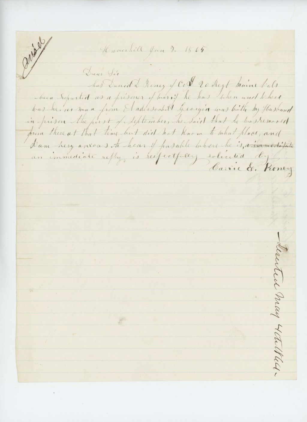 Miniature of Caroline E. Roney asks the whereabouts of her husband David, who was reported as a prisoner