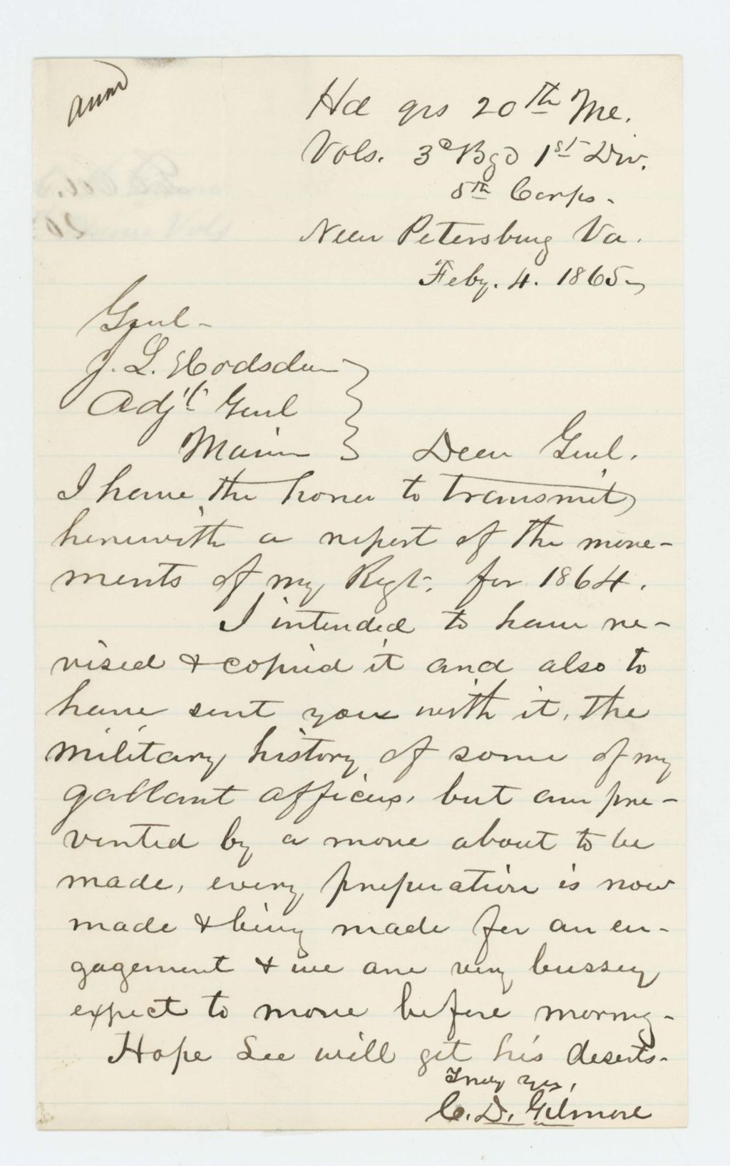 Miniature of Colonel Gilmore sends his 1864 regimental report to Adjutant General Hodsdon