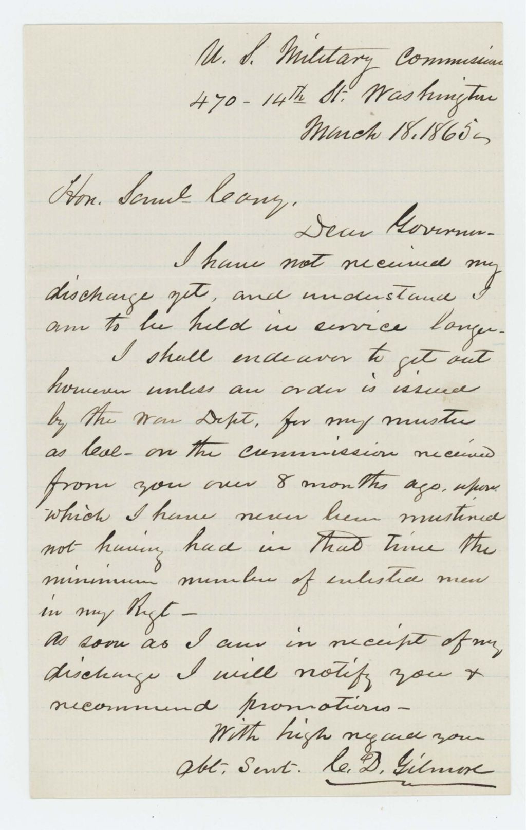 Miniature of Charles Gilmore inquires about his discharge from service