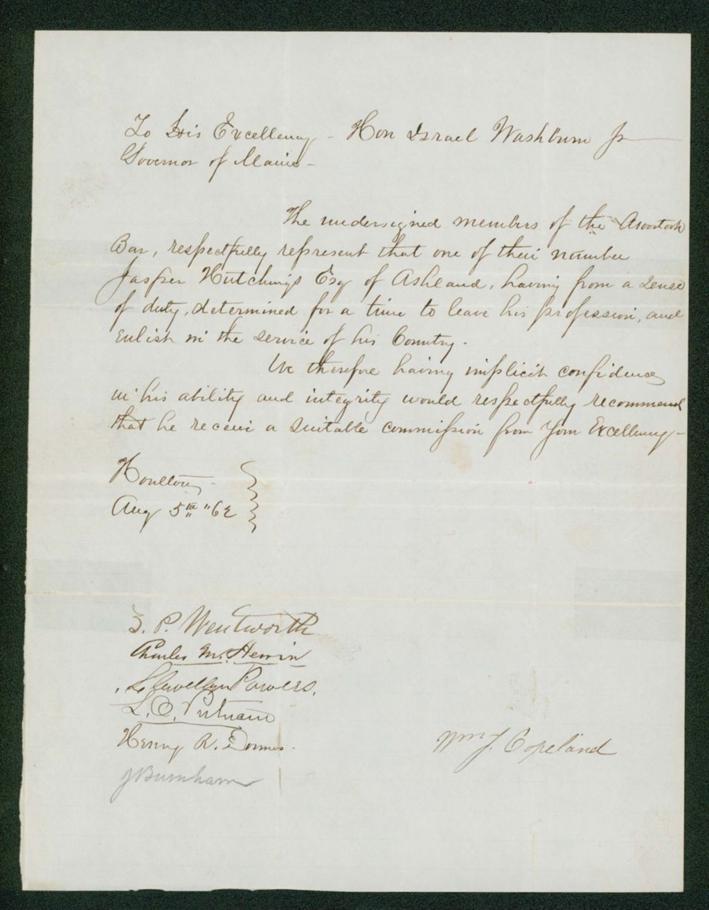 Miniature of Mr. Wentworth and members of the Aroostook Bar recommend Jasper Hutchings for a commission