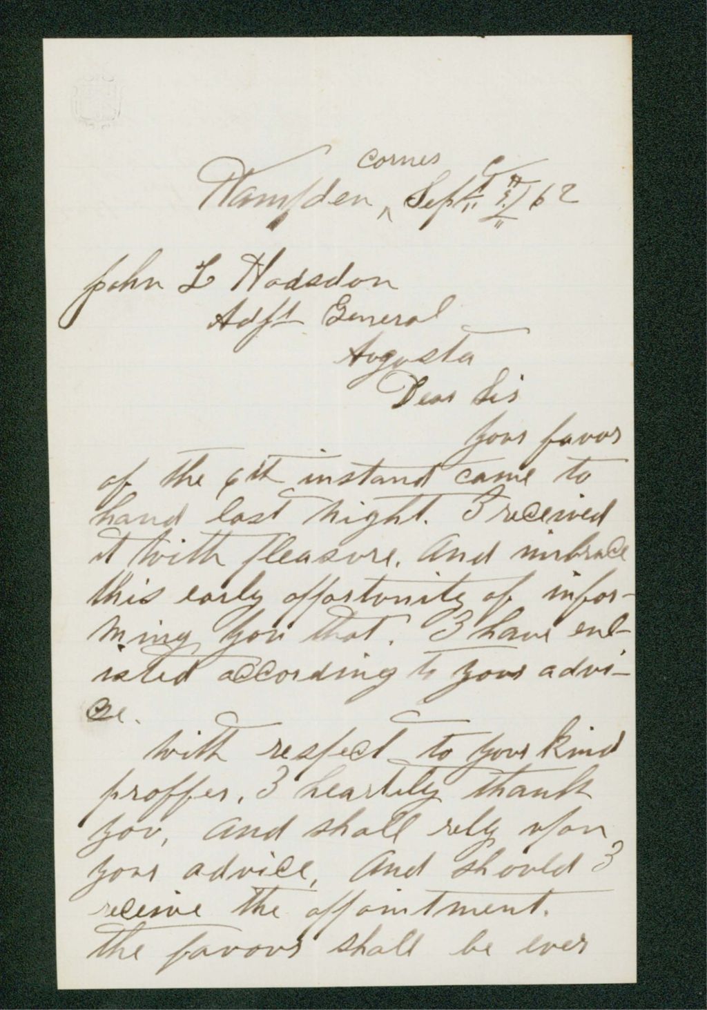 Miniature of Frank G. Flagg informs Adjutant General Hodsdon that he has enlisted according to his advice