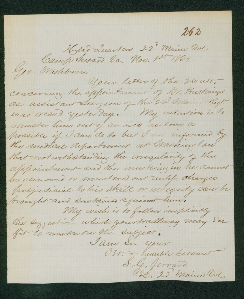 Miniature of Colonel Jerrard writes Governor Washburn for guidance on the appointment of Dr. Huckins