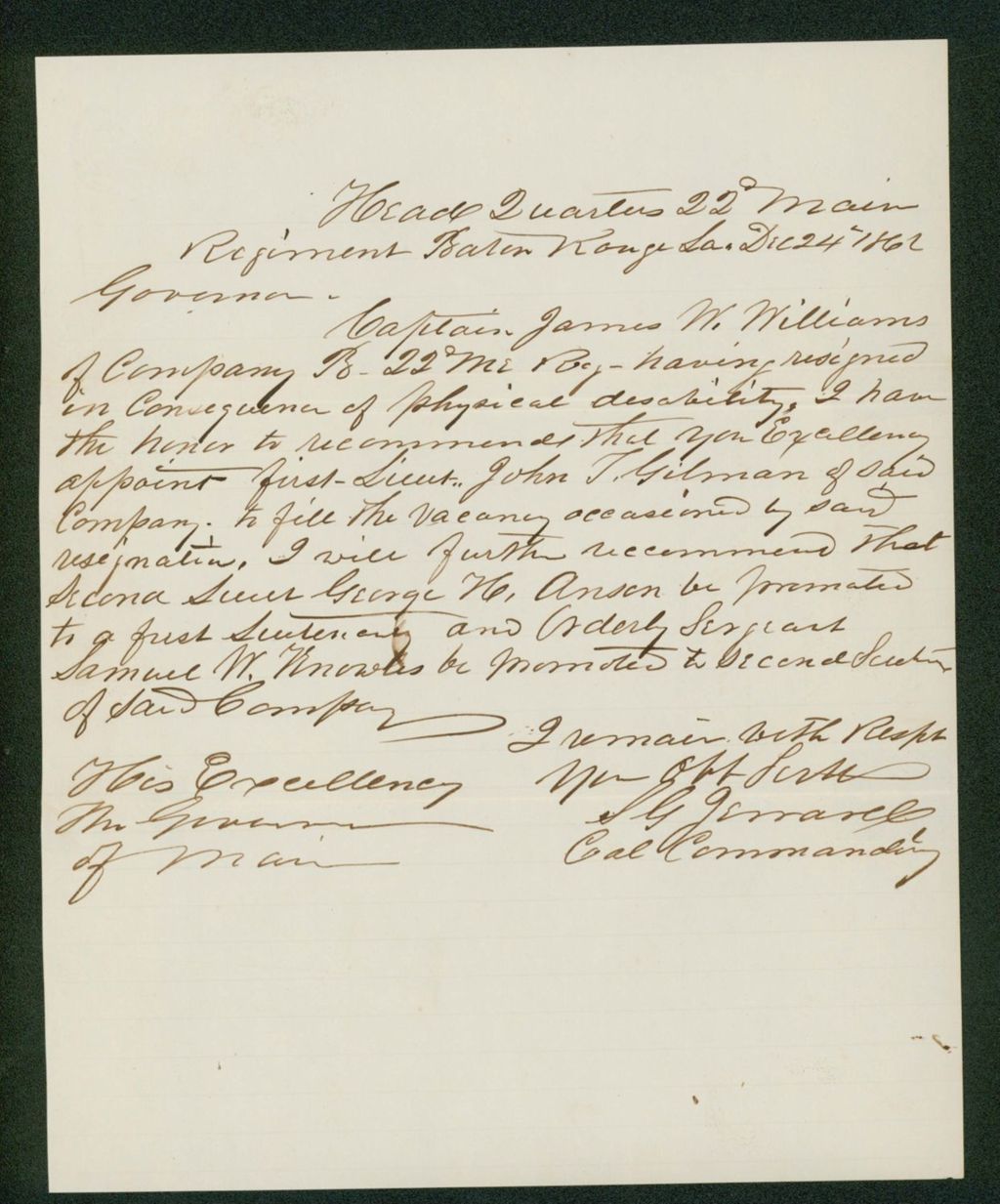 Miniature of Colonel Jerrard recommends John Gilman for promotion