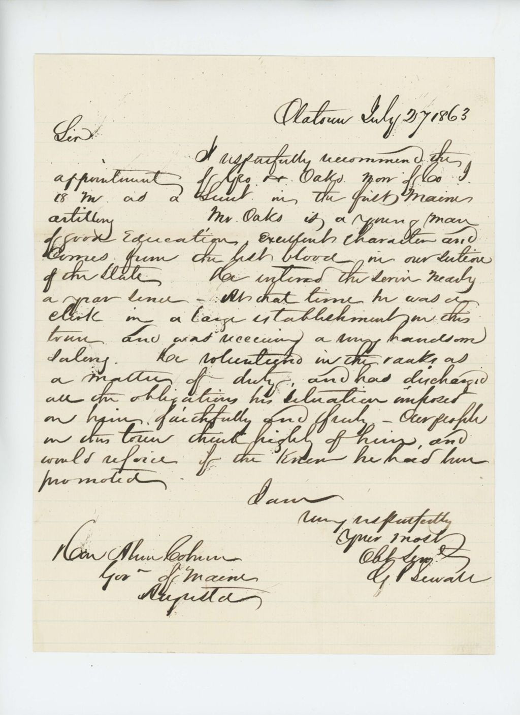 Miniature of George P. Sewall of Old Town recommends George Oakes for promotion