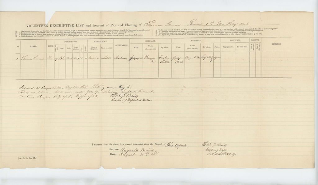 Miniature of Descriptive List and Account of Pay and Clothing of Thomas Loran