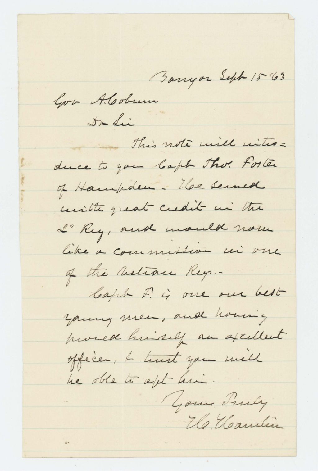 Miniature of Hannibal Hamlin recommends Captain Thomas Foster of Hampden for commission