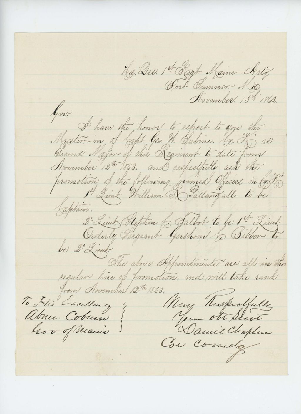 Miniature of Colonel Chaplin recommends promotions of William Pattengall, Stephen Talbot, and Gershom Bibber