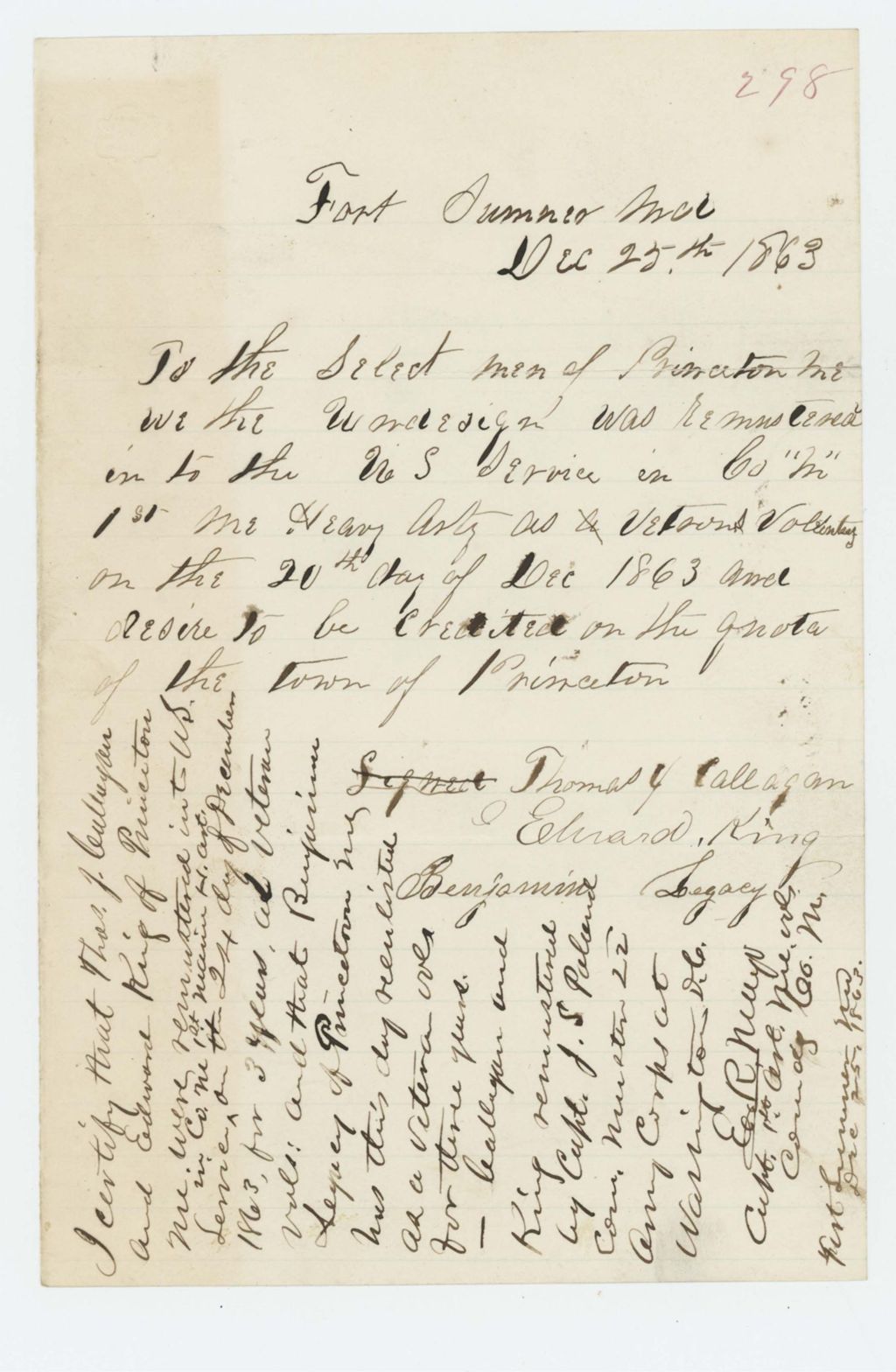 Miniature of Edward King, Benjamin Legacy, and Thomas Callagan of Princeton request to be credited on the town quota