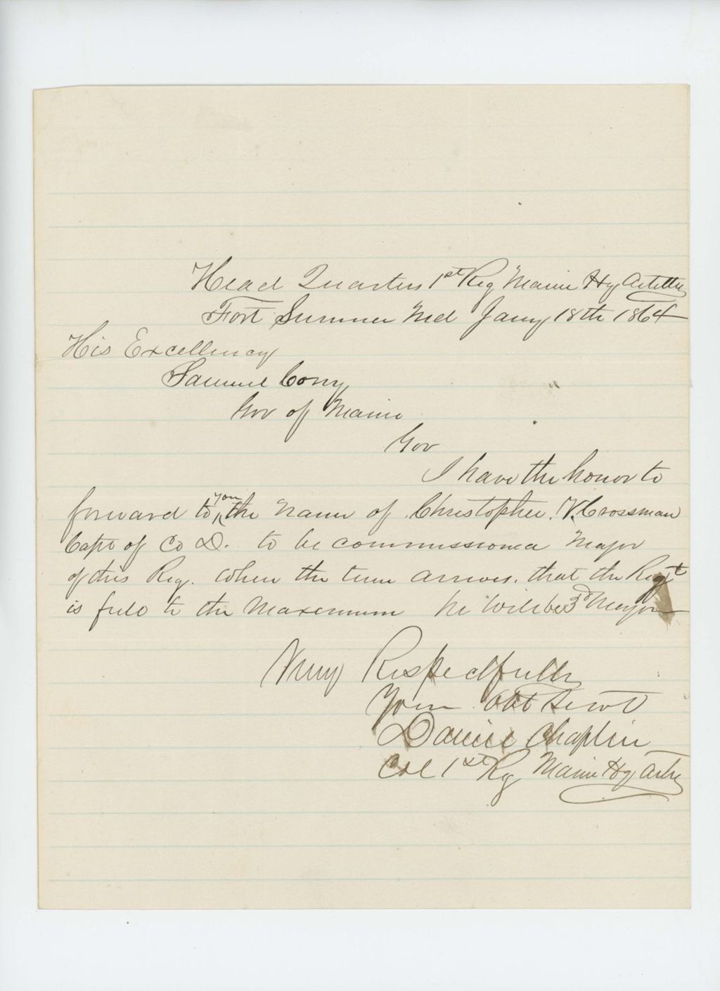 Miniature of Colonel Chaplin recommends Captain Crossman for Major