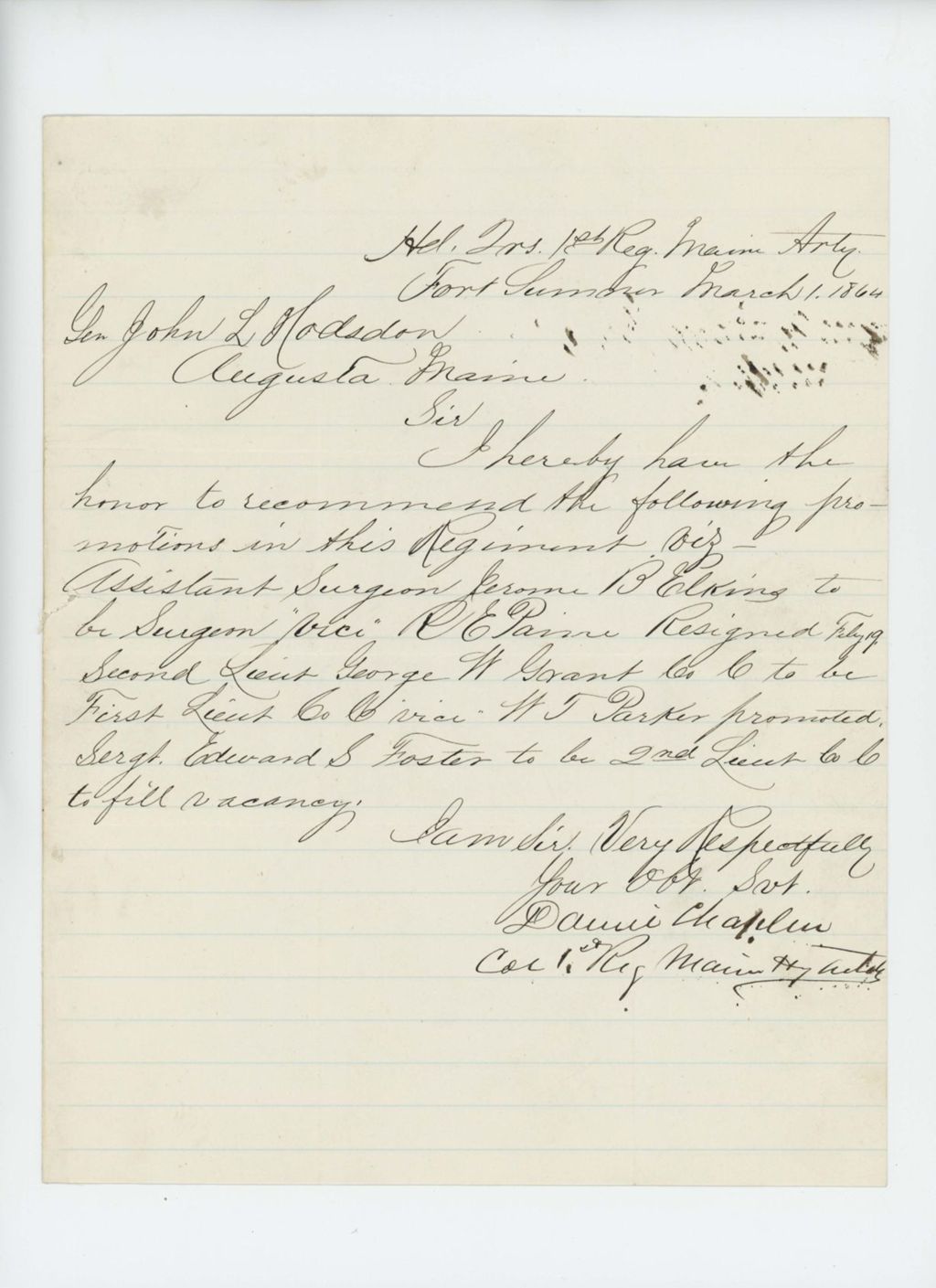Miniature of Colonel Chaplin recommends promotions of Jerome Elkins, George W. Grant, and Edward S. Foster
