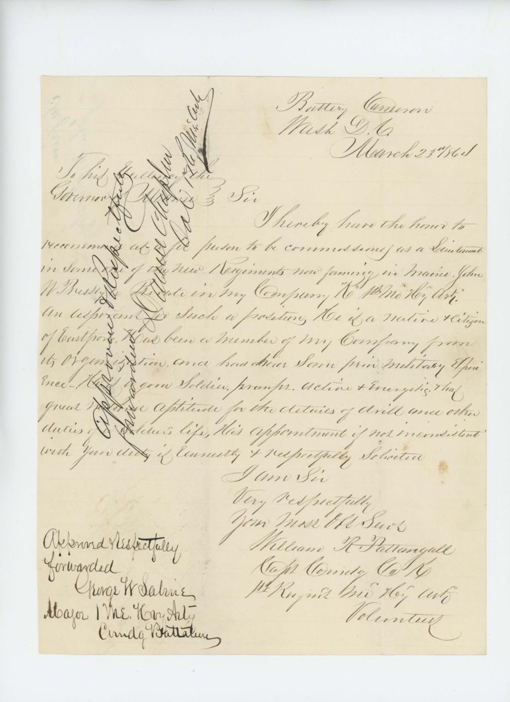 Miniature of Captain William R. Pattangall recommends promotion of John Presley