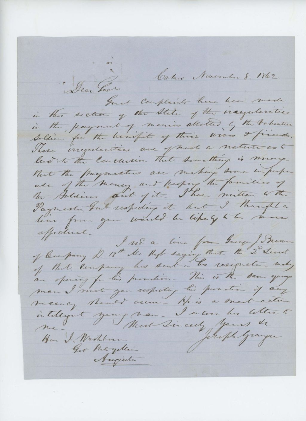 Miniature of Joseph Granger reports on complaints of irregularities of bounty payments, and recommends George J. Brewer for lieutenant