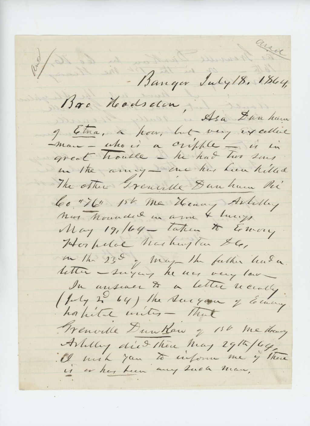 Miniature of C.P. Brown writes on behalf of Asa Dunham, inquiring about the fate of his remaining son Granville, reported dead of wounds