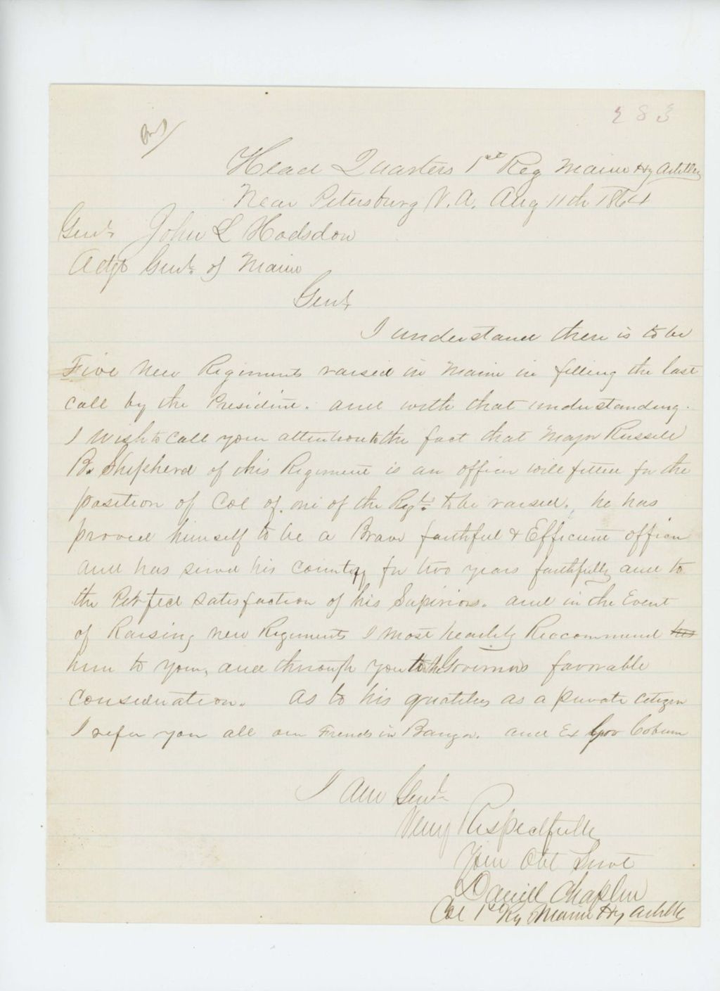 Miniature of Colonel Chaplin recommends Major Russell B. Shepherd for position as Colonel