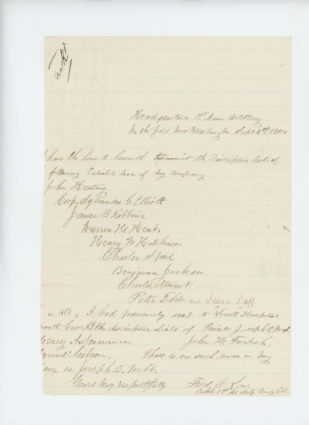 Miniature of Captain Fred Low forwards the descriptive lists of enlisted men in his company