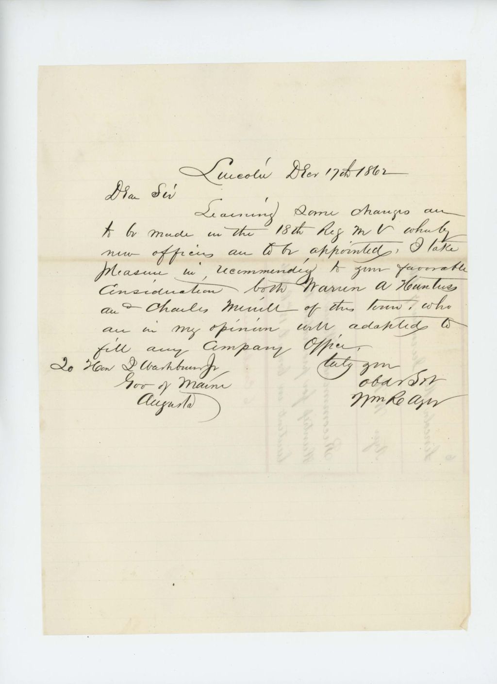 Miniature of W.R. Ayer recommends Warren A. Huntress for promotion to lieutenant