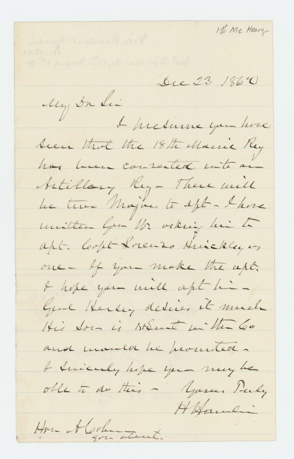 Miniature of Hannibal Hamlin recommends Captain Lorenzo Hinckley for promotion to the artillery unit
