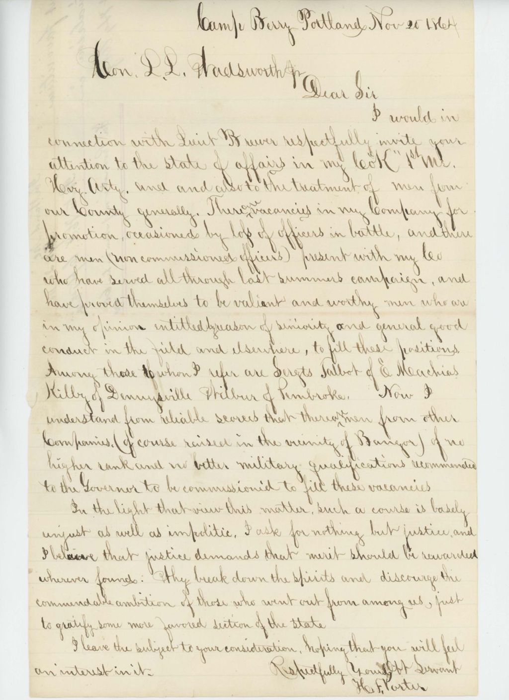 Miniature of Captain Hugh F. Porter writes concerning favoritism and sectionalism in the regiment regarding promotions