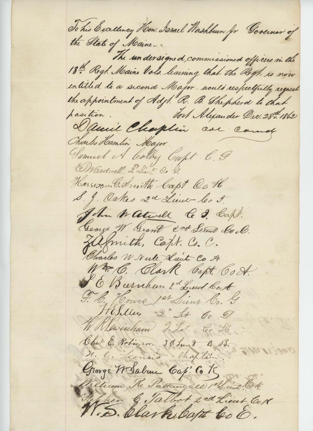 Miniature of Colonel Daniel Chaplin and other officers of the 18th Regiment request appointment of Adjutant R.B. Shepherd as Major