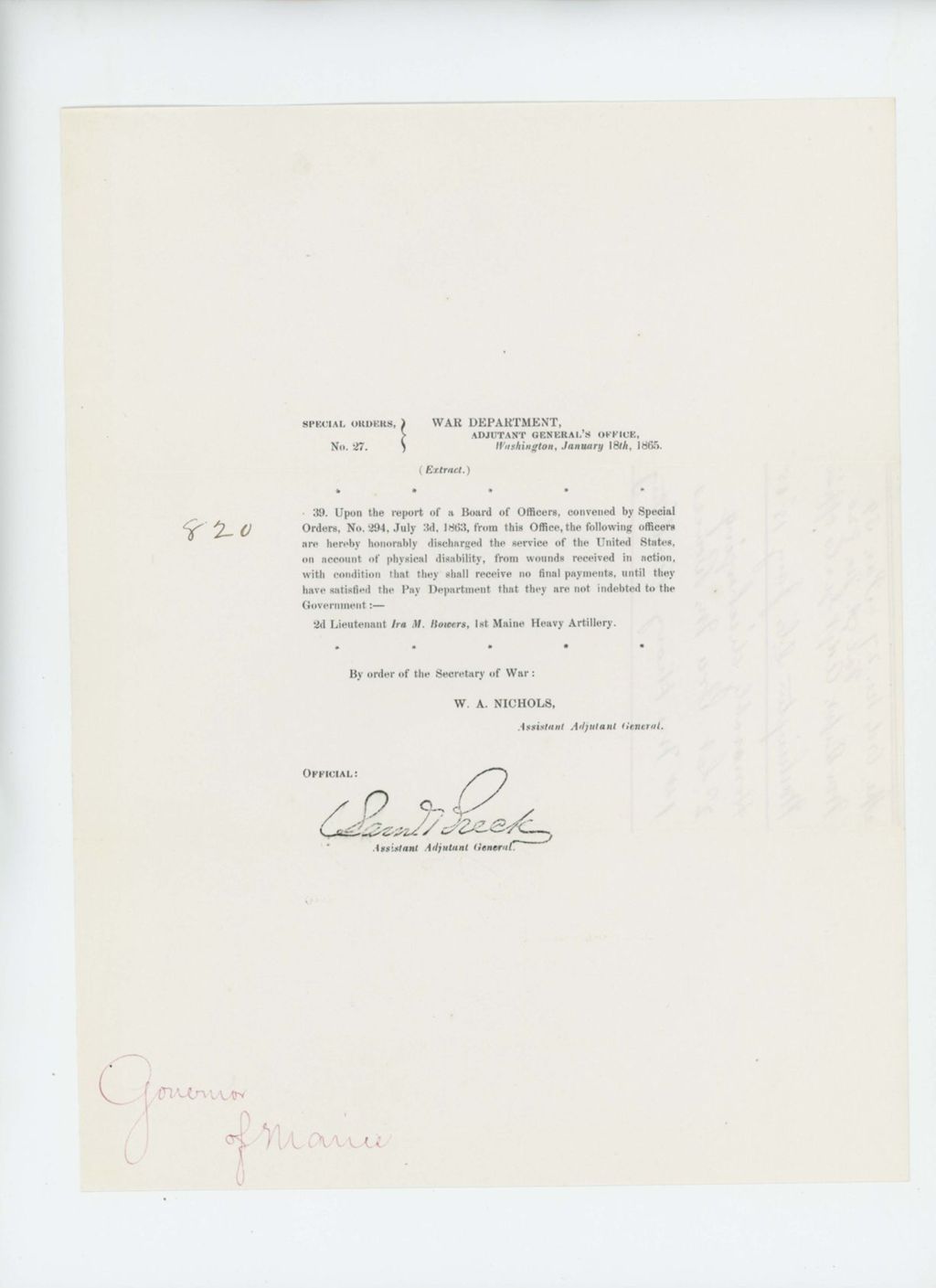 Miniature of Special Order 27 honorably discharging Lieutenant Ira M. Bowers from service for wounds received in action