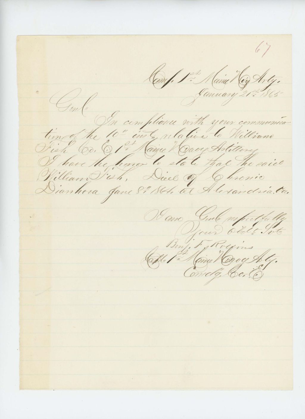 Miniature of Benjamin Rollins certifies the death of William Fish, Company E, due to chronic diarrhea