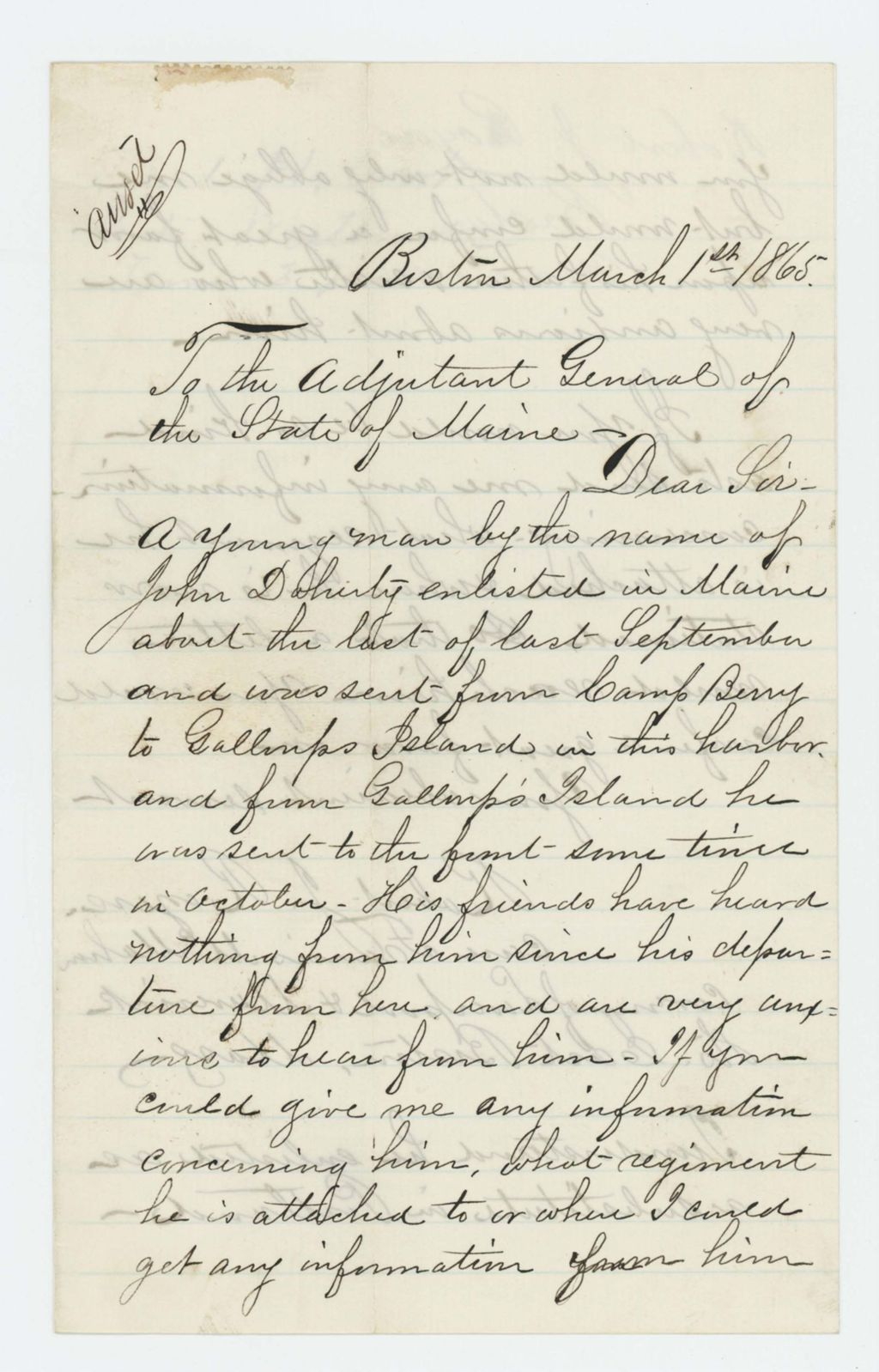 Miniature of Robert Rogers asks for information about John Doherty, who has not been heard from since his enlistment in September 1864