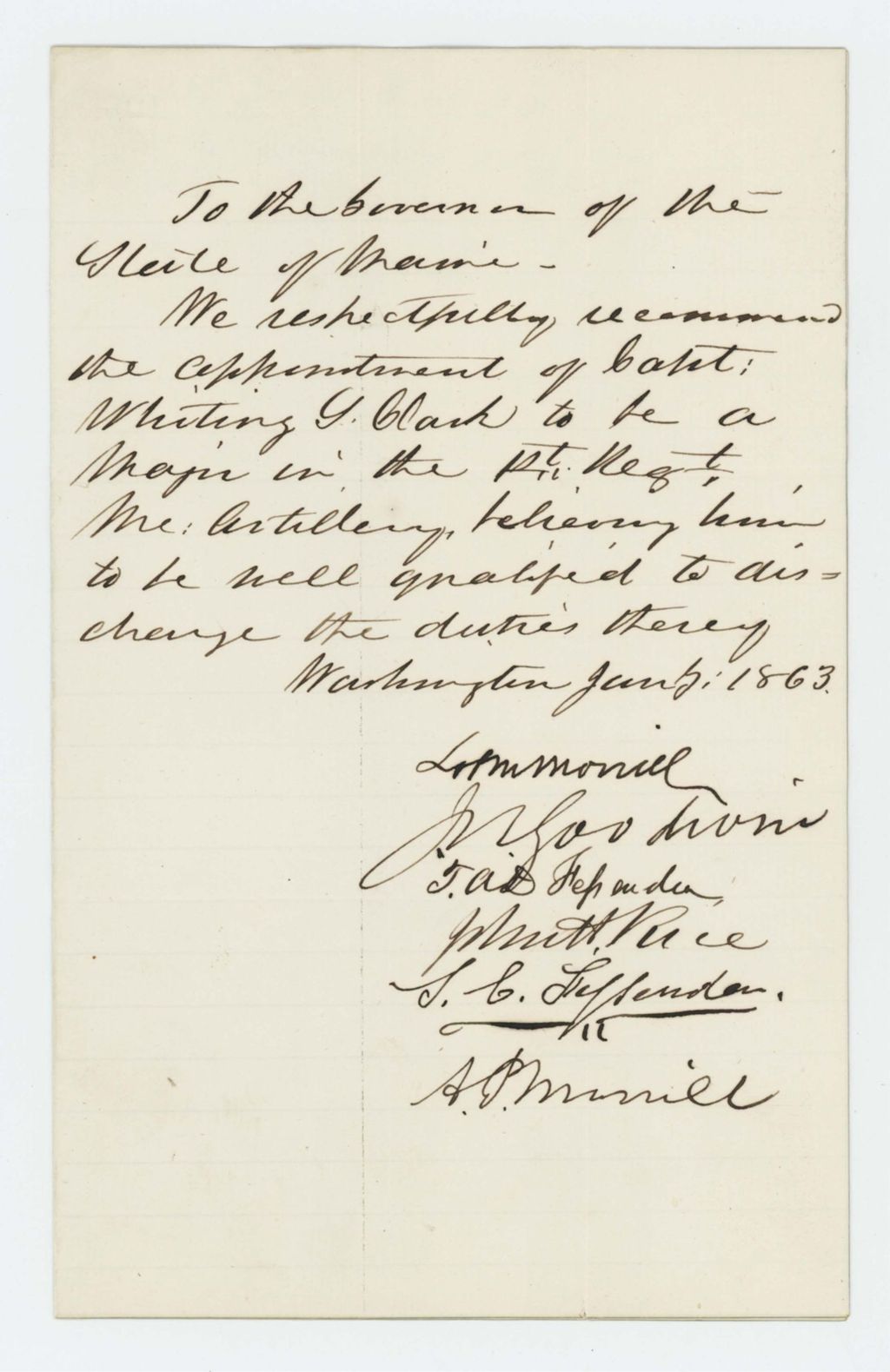 Miniature of Lot M. Morrill and others recommend Captain Whiting Clark for Major