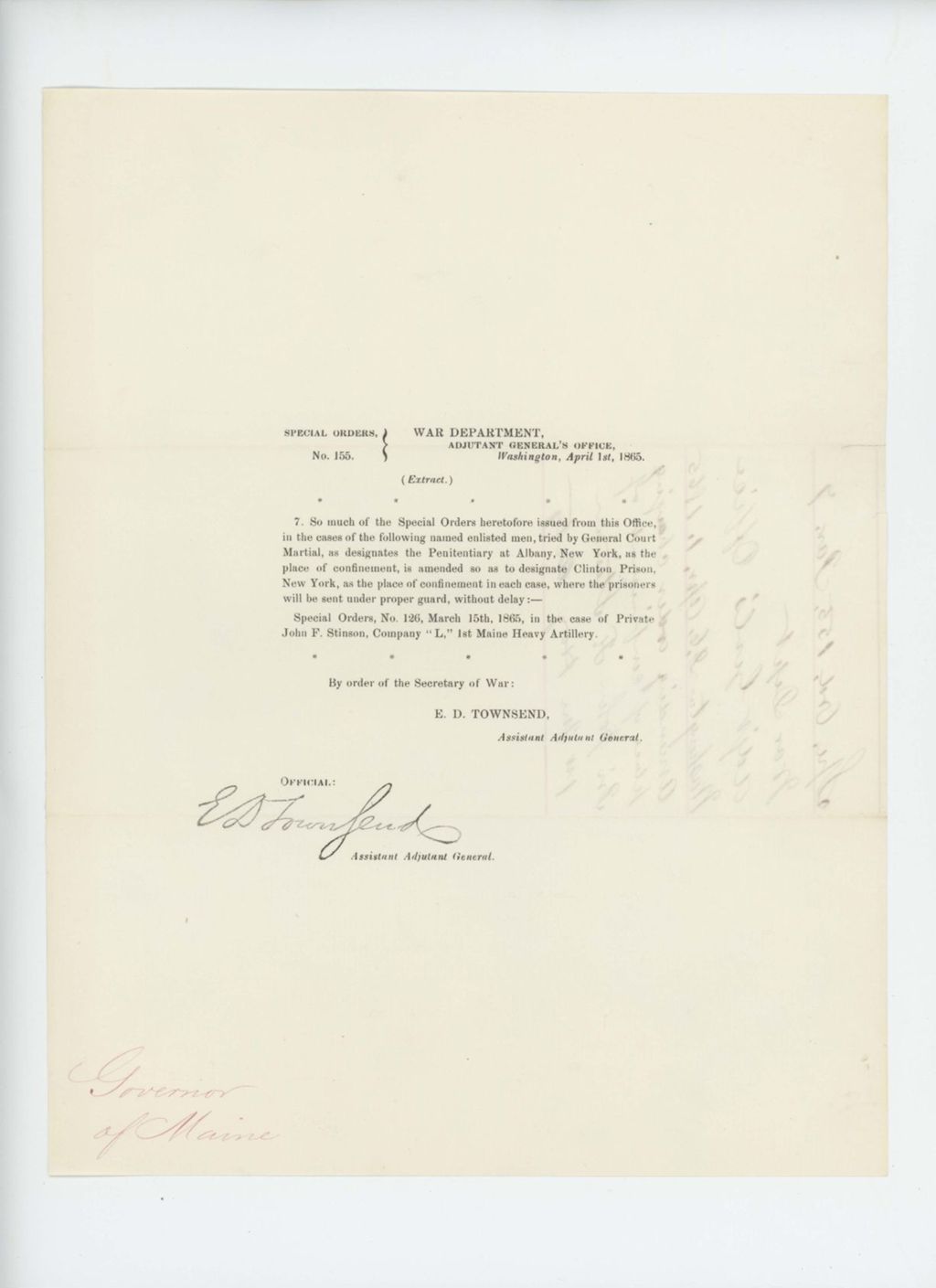 Miniature of Special Order 155 sending Private John F. Stinson to Clinton Prison, New York, instead of the Albany Penitentiary