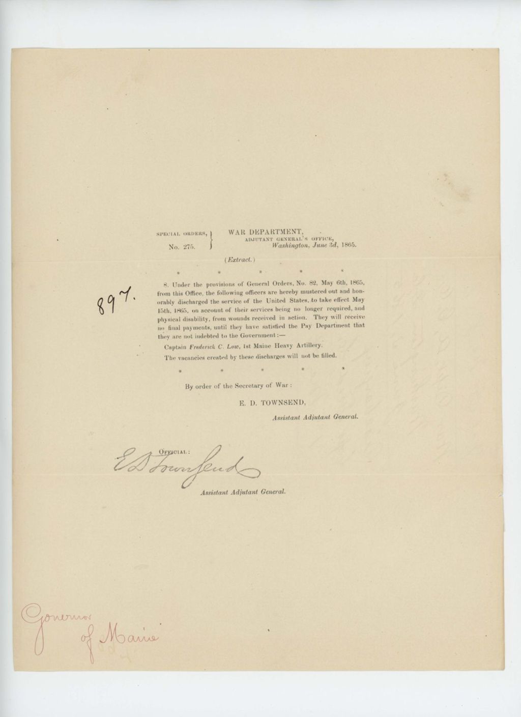 Miniature of Special Order 275 honorably discharging Captain Frederick C. Low