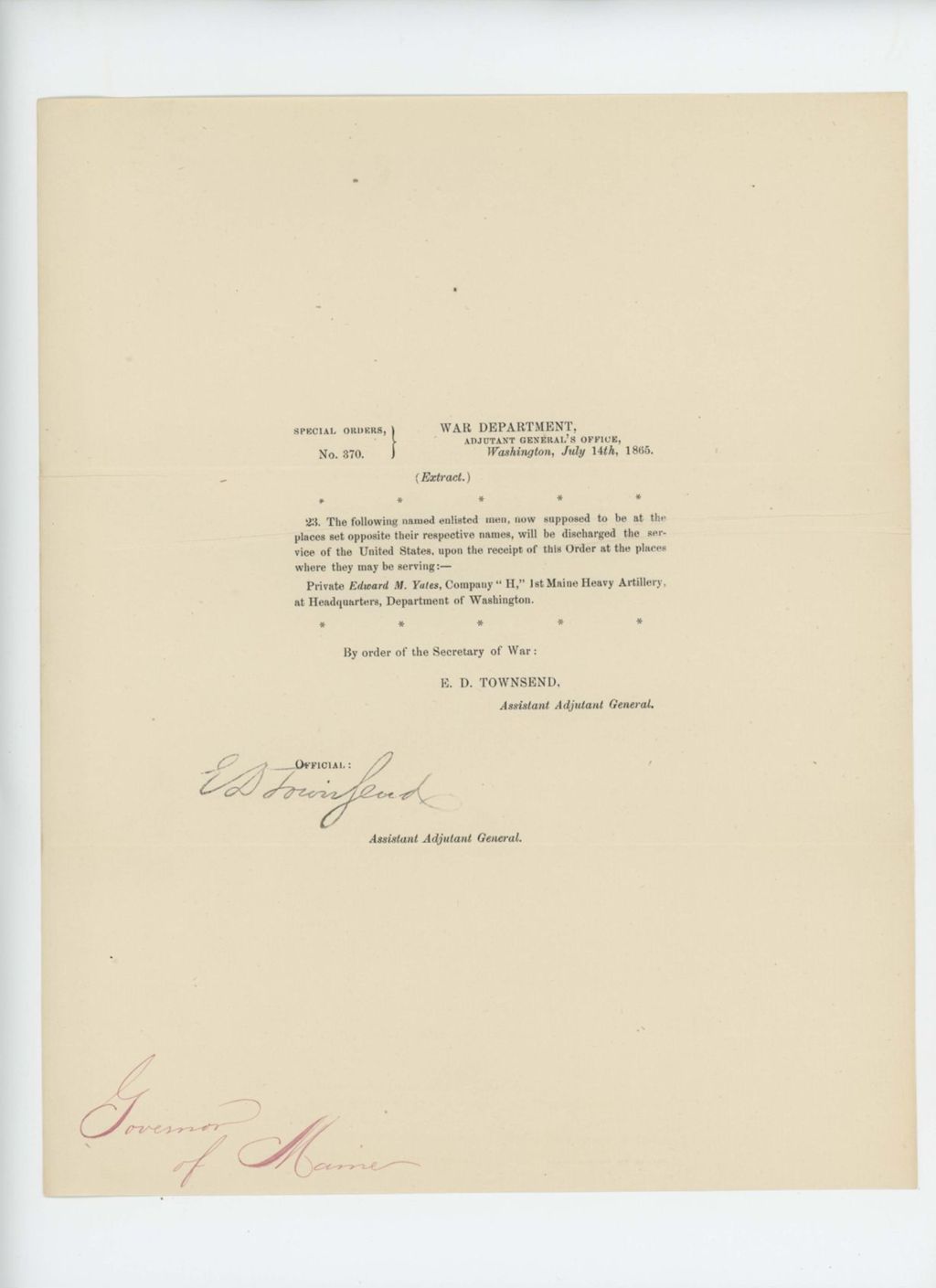 Miniature of Special Order 370 discharging Private Edward M. Yates from service