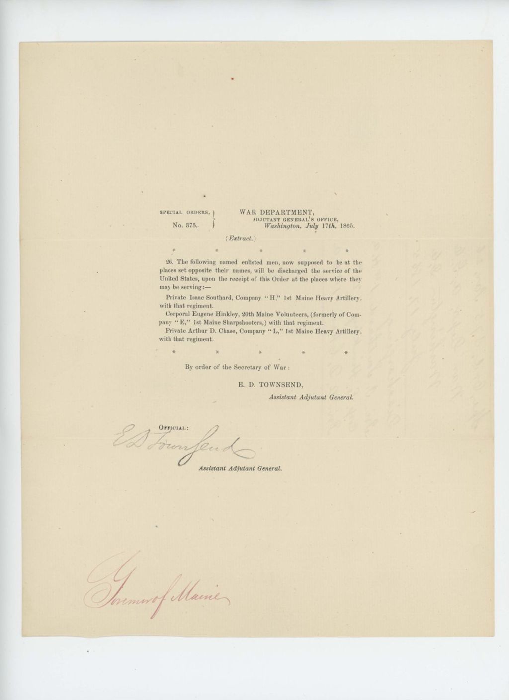 Miniature of Special Order 375 discharging Isaac Southard, Eugene Hinkley, and Arthur D. Chase from service
