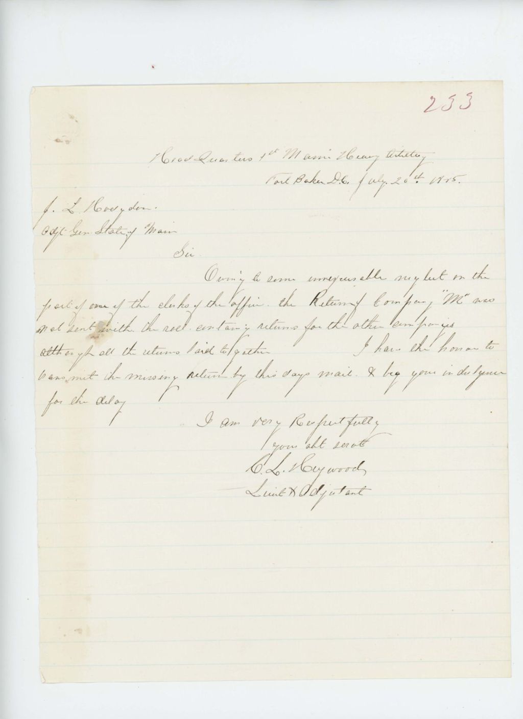 Miniature of Lieutenant C.L. Heywood apologizes for delay in sending the return of Company M