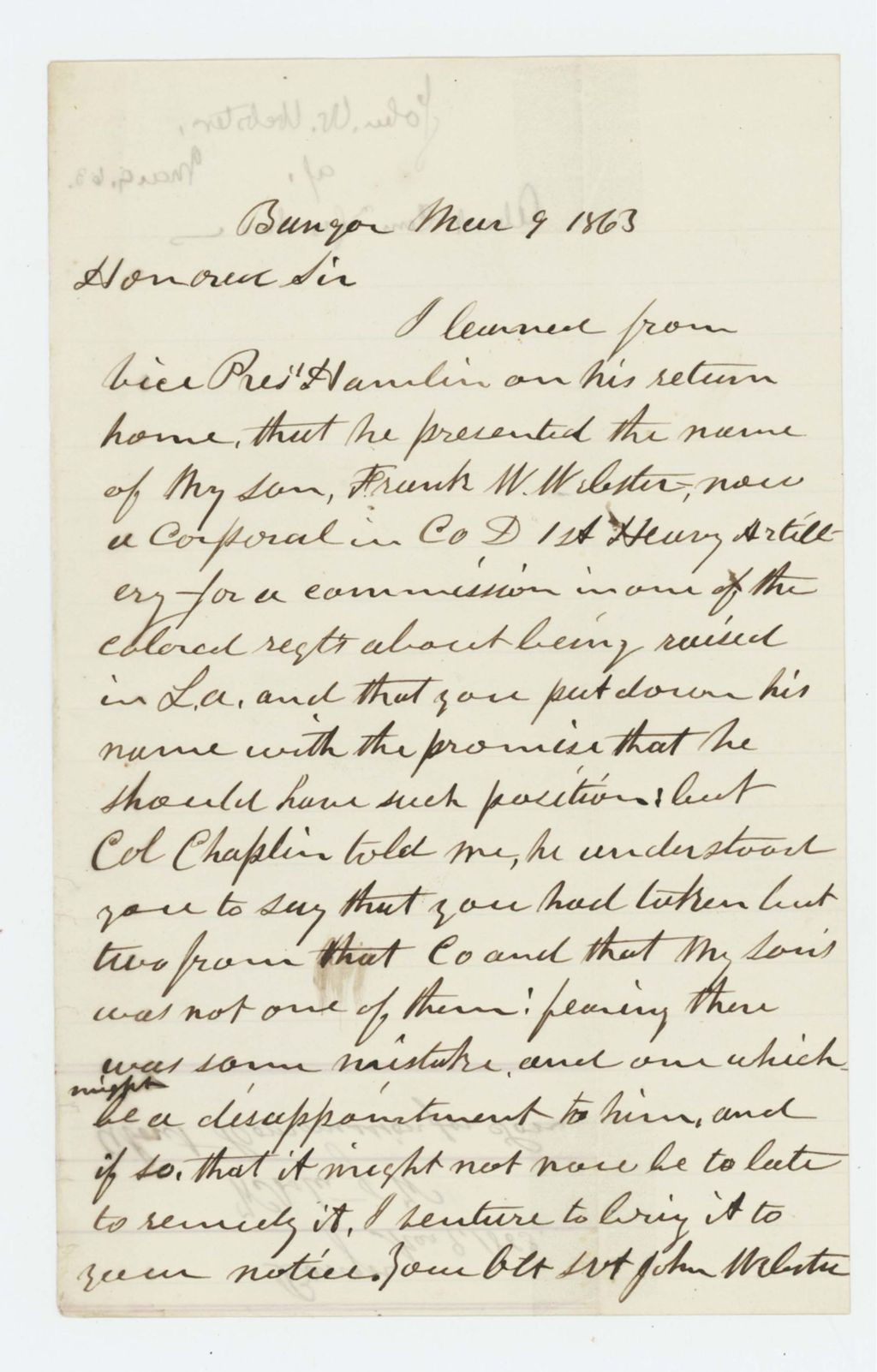 Miniature of John W. Webster inquires about a commission for his son Frank W. Webster